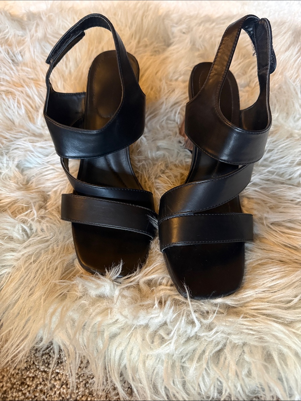 London Fog Black Strappy Leather Slingback Heels